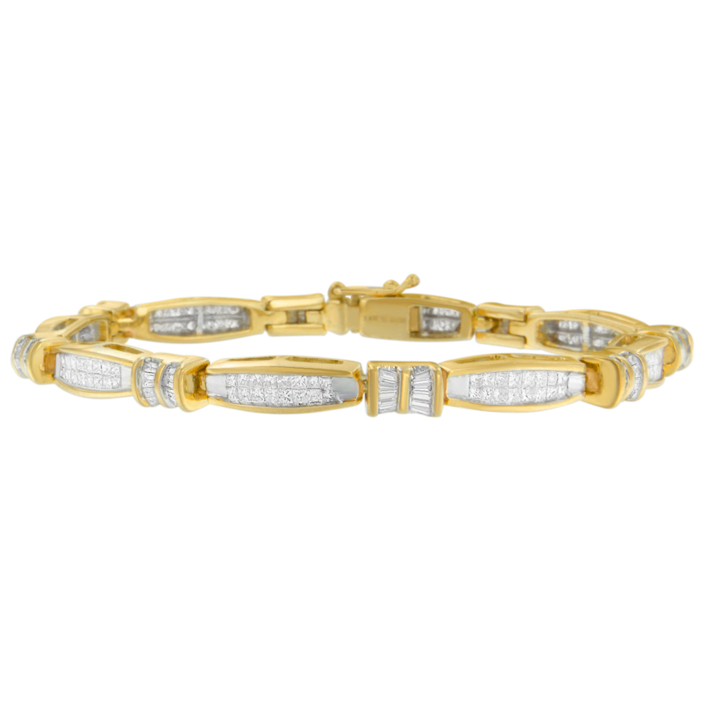 14K Yellow Gold Princess and Baguette Cut Diamond Beaded Bracelet (3.00 cttw,